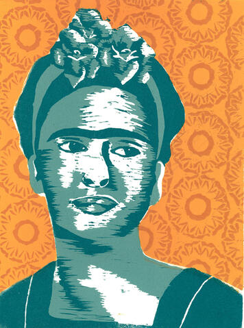 "La Persistencia de La Mujer", Multi block reduction relief print, 9" x 12", 2021.
