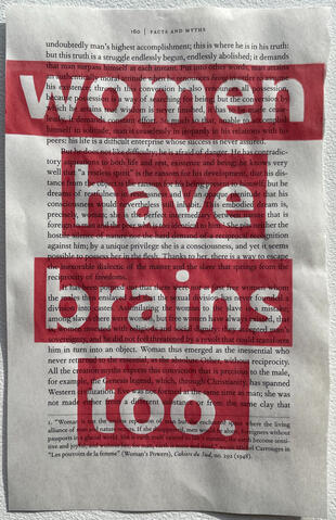 "The Simone Series: Women Have Brains Too", Screenprint on book pages from Simone de Beauvoir's "The Second Sex", 5" x 8", 2021.